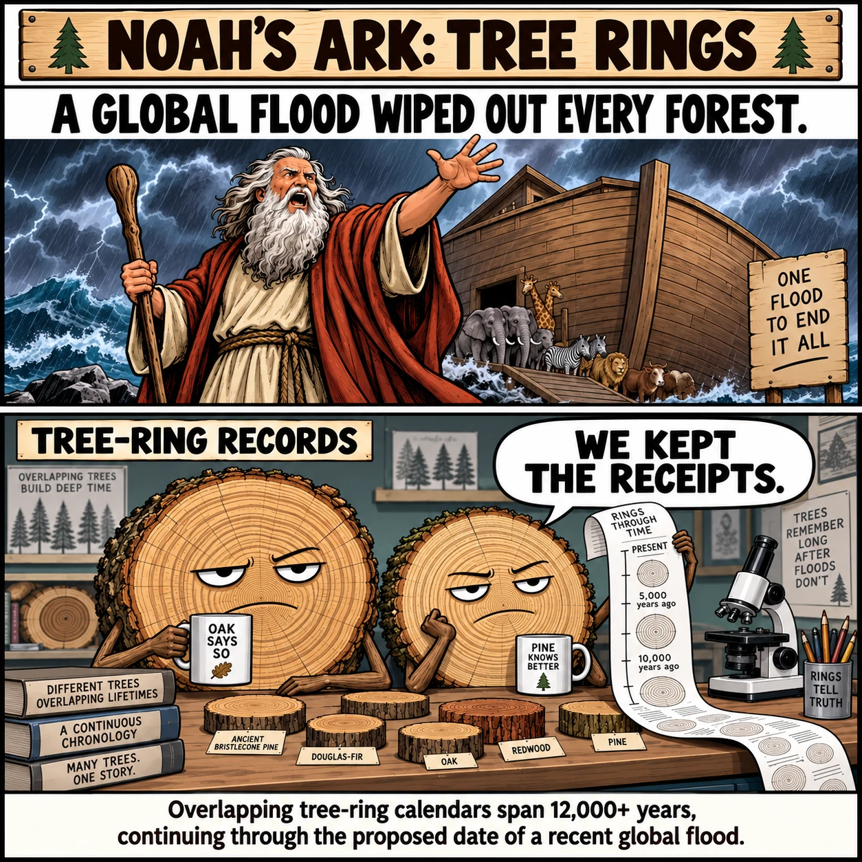 NOAH'S ARK: TREE RINGS. A GLOBAL FLOOD WIPED OUT EVERY FOREST. WE KEPT THE RECEIPTS. Overlapping tree-ring calendars span 12,000+ years, continuing through the proposed date of a recent global flood.