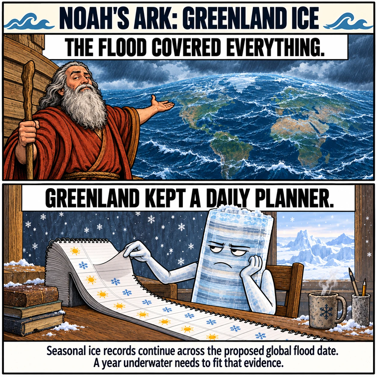 NOAH'S ARK: GREENLAND ICE. THE FLOOD COVERED EVERYTHING. GREENLAND KEPT A DAILY PLANNER. Seasonal ice records continue across the proposed global flood date. A year underwater needs to fit that evidence.