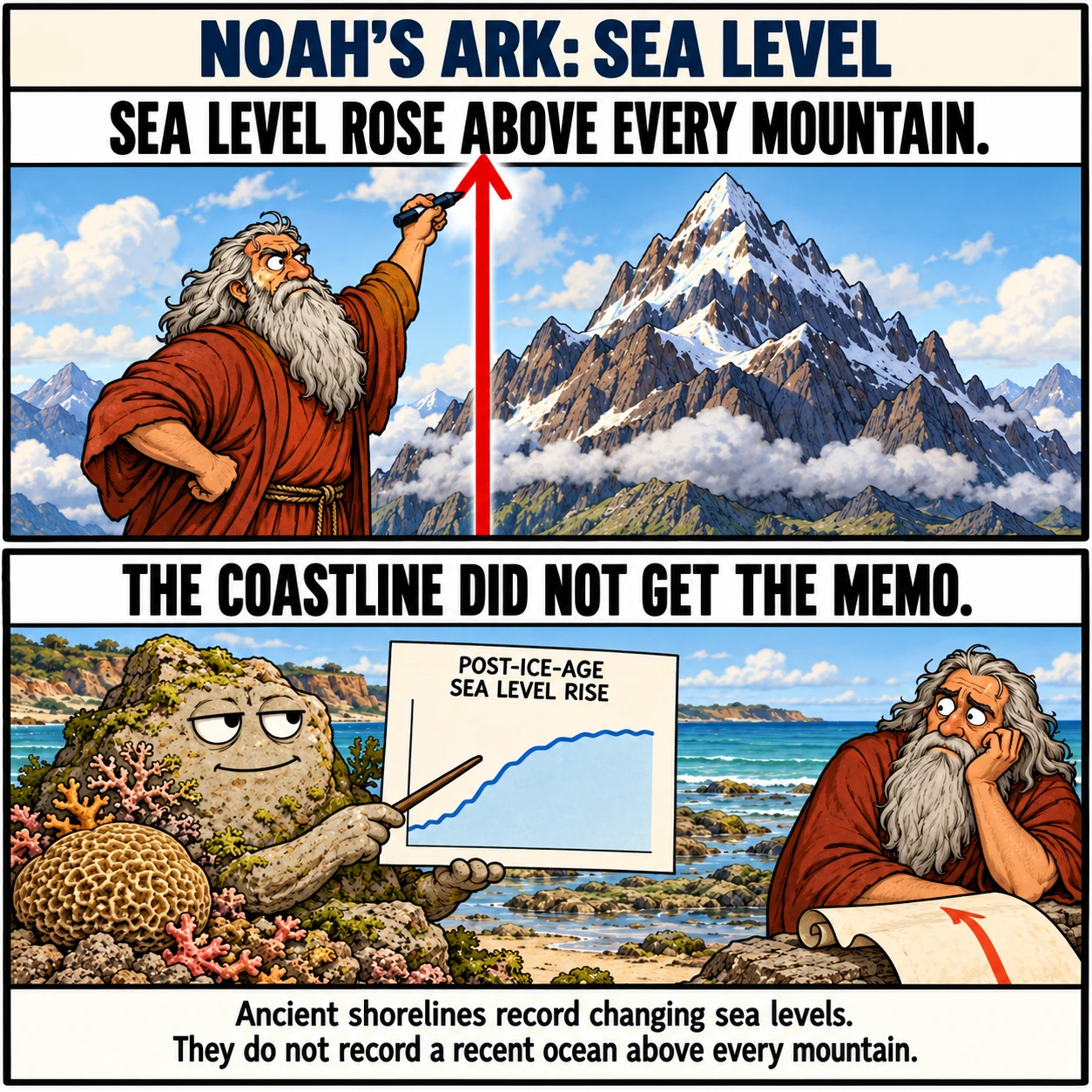 NOAH'S ARK: SEA LEVEL. SEA LEVEL ROSE ABOVE EVERY MOUNTAIN. THE COASTLINE DID NOT GET THE MEMO. Ancient shorelines record changing sea levels. They do not record a recent ocean above every mountain.