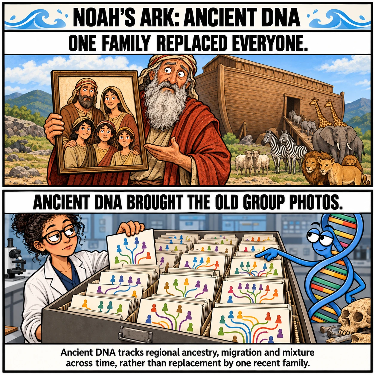 NOAH'S ARK: ANCIENT DNA. ONE FAMILY REPLACED EVERYONE. ANCIENT DNA BROUGHT THE OLD GROUP PHOTOS. Ancient DNA tracks regional ancestry, migration and mixture across time, rather than replacement by one recent family.