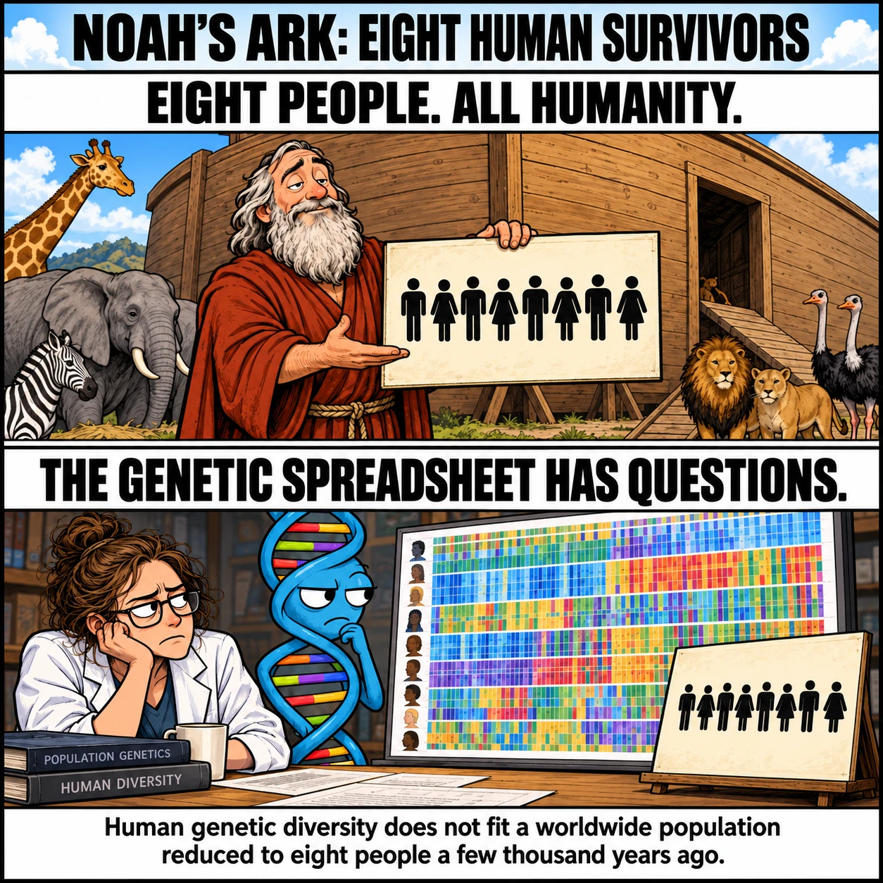 NOAH'S ARK: EIGHT HUMAN SURVIVORS. EIGHT PEOPLE. ALL HUMANITY. THE GENETIC SPREADSHEET HAS QUESTIONS. Human genetic diversity does not fit a worldwide population reduced to eight people a few thousand years ago.