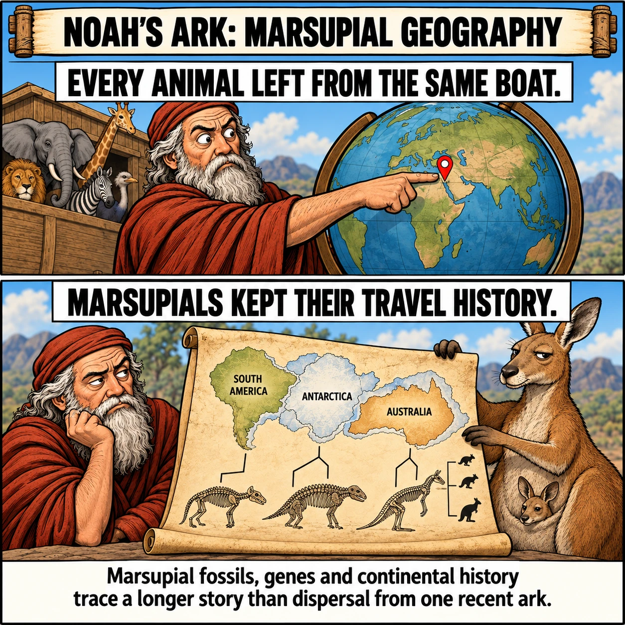 NOAH'S ARK: MARSUPIAL GEOGRAPHY. EVERY ANIMAL LEFT FROM THE SAME BOAT. MARSUPIALS KEPT THEIR TRAVEL HISTORY. Marsupial fossils, genes and continental history trace a longer story than dispersal from one recent ark.