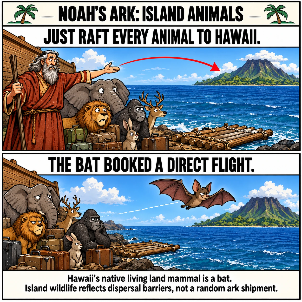 NOAH'S ARK: ISLAND ANIMALS. JUST RAFT EVERY ANIMAL TO HAWAII. THE BAT BOOKED A DIRECT FLIGHT. Hawaii's native living land mammal is a bat. Island wildlife reflects dispersal barriers, not a random ark shipment.