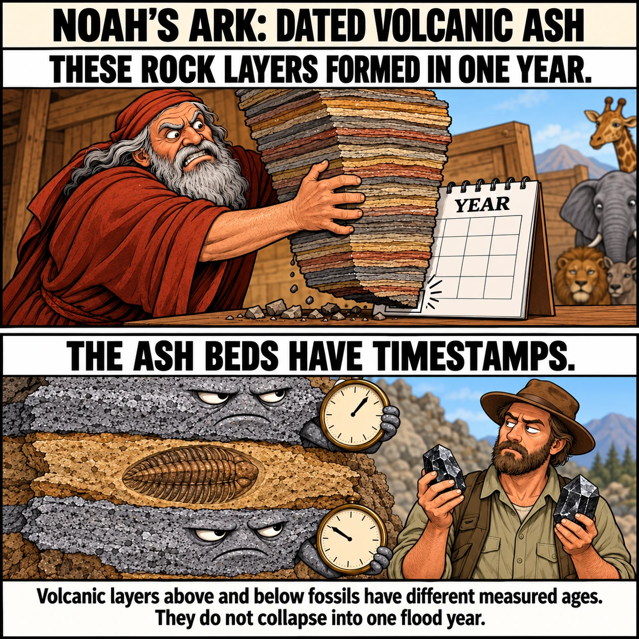 NOAH'S ARK: DATED VOLCANIC ASH. THESE ROCK LAYERS FORMED IN ONE YEAR. THE ASH BEDS HAVE TIMESTAMPS. Volcanic layers above and below fossils have different measured ages. They do not collapse into one flood year.