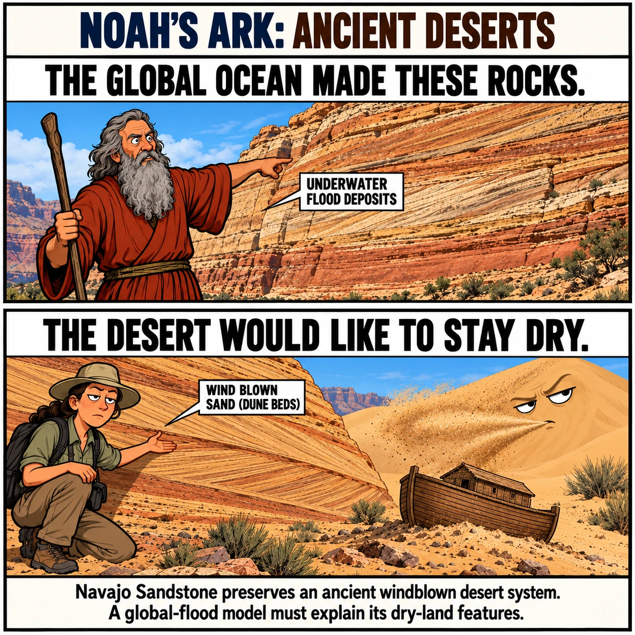 NOAH'S ARK: ANCIENT DESERTS. THE GLOBAL OCEAN MADE THESE ROCKS. THE DESERT WOULD LIKE TO STAY DRY. Navajo Sandstone preserves an ancient windblown desert system. A global-flood model must explain its dry-land features.
