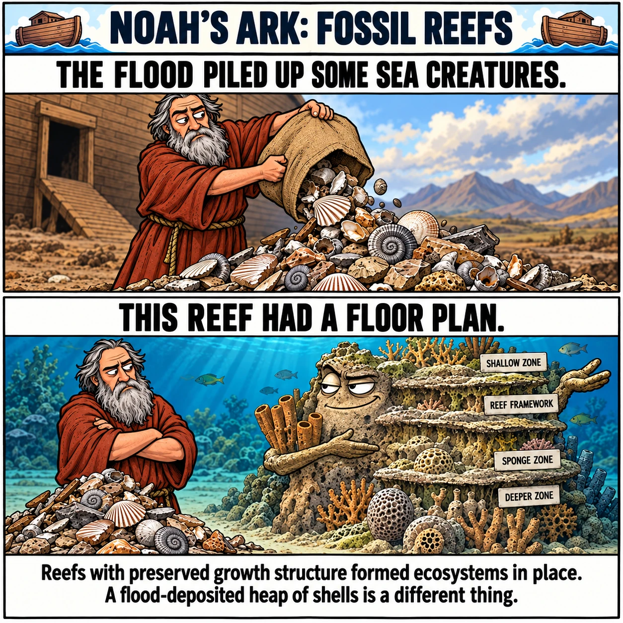 NOAH'S ARK: FOSSIL REEFS. THE FLOOD PILED UP SOME SEA CREATURES. THIS REEF HAD A FLOOR PLAN. Reefs with preserved growth structure formed ecosystems in place. A flood-deposited heap of shells is a different thing.