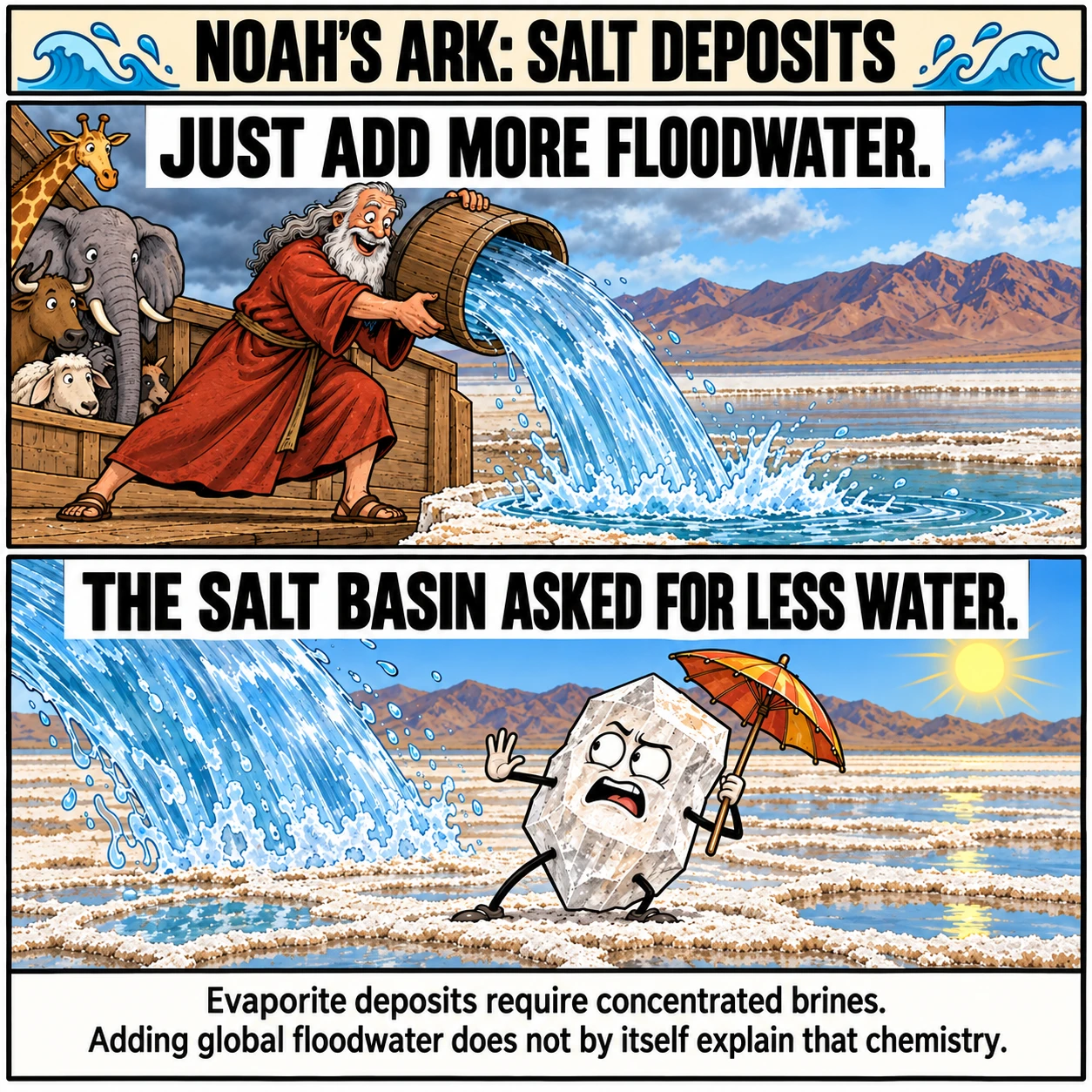 NOAH'S ARK: SALT DEPOSITS. JUST ADD MORE FLOODWATER. THE SALT BASIN ASKED FOR LESS WATER. Evaporite deposits require concentrated brines. Adding global floodwater does not by itself explain that chemistry.