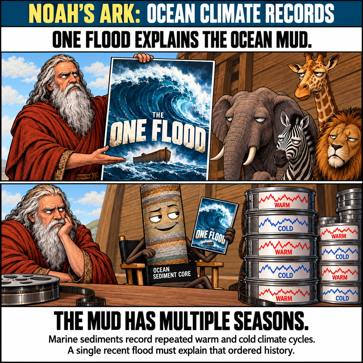 NOAH'S ARK: OCEAN CLIMATE RECORDS. ONE FLOOD EXPLAINS THE OCEAN MUD. THE MUD HAS MULTIPLE SEASONS. Marine sediments record repeated warm and cold climate cycles. A single recent flood must explain that ordered history.