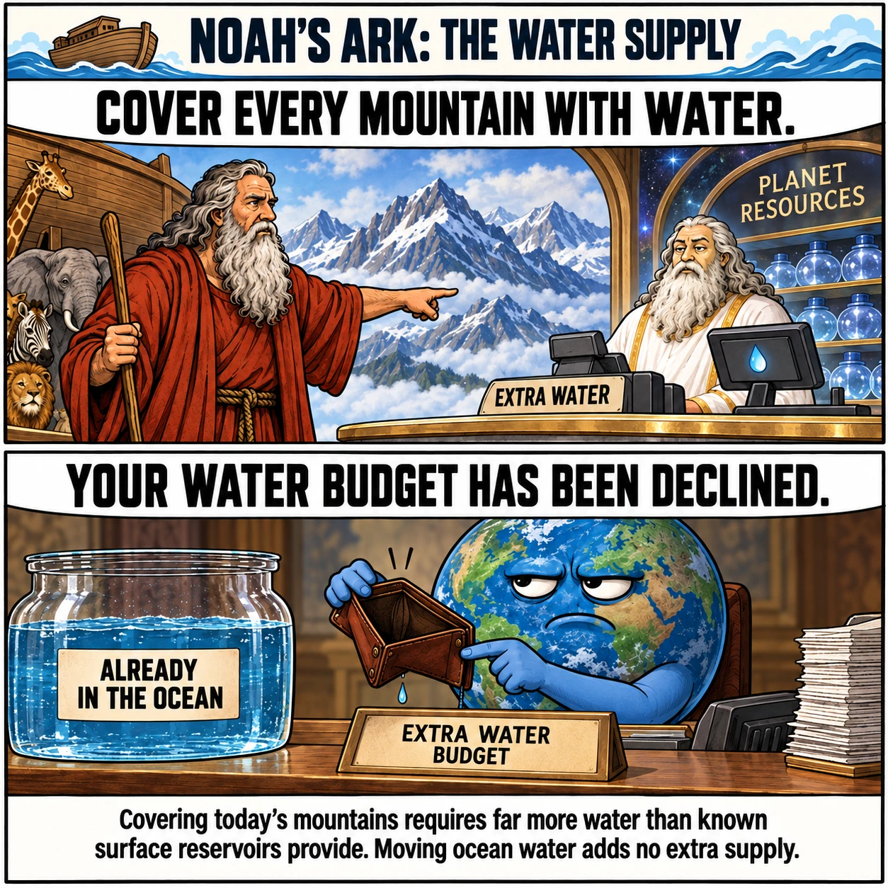 NOAH'S ARK: THE WATER SUPPLY. COVER EVERY MOUNTAIN WITH WATER. YOUR WATER BUDGET HAS BEEN DECLINED. Covering today's mountains requires far more water than known surface reservoirs provide. Moving ocean water adds no extra supply.