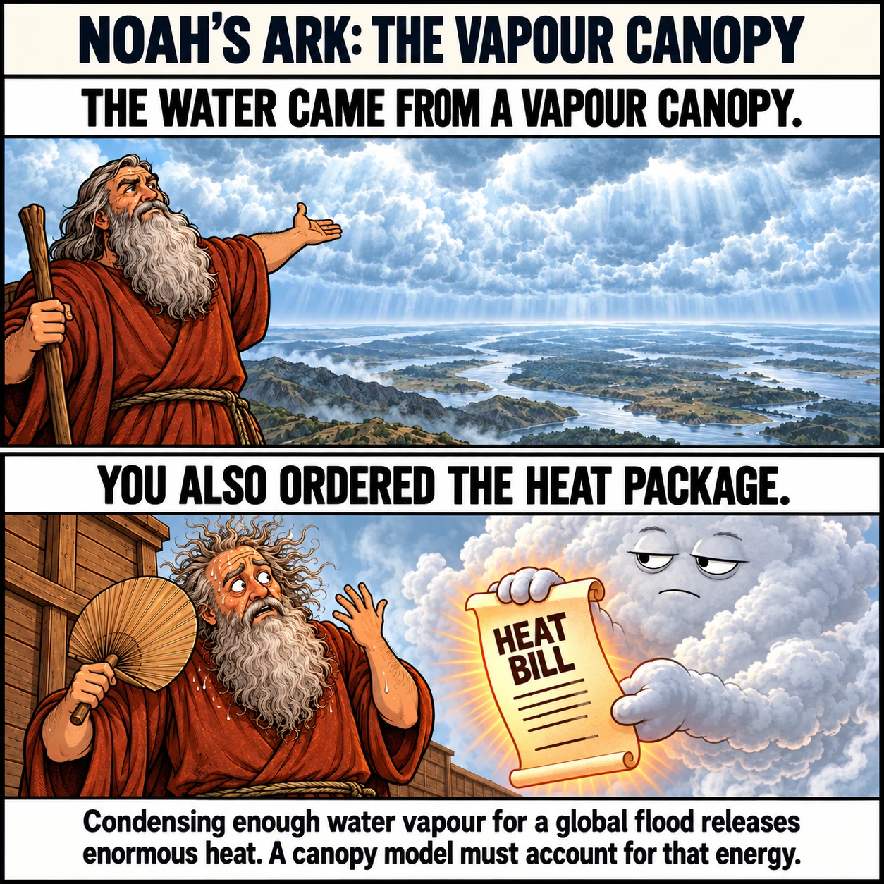NOAH'S ARK: THE VAPOUR CANOPY. THE WATER CAME FROM A VAPOUR CANOPY. YOU ALSO ORDERED THE HEAT PACKAGE. Condensing enough water vapour for a global flood releases enormous heat. A canopy model must account for that energy.