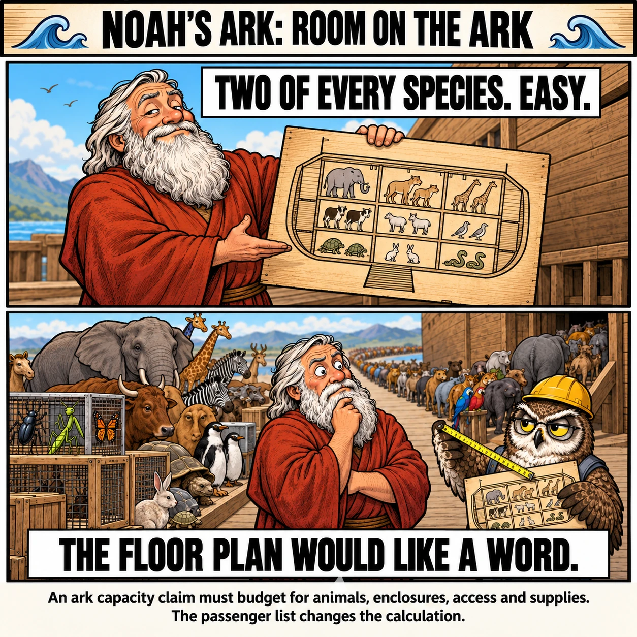 NOAH'S ARK: ROOM ON THE ARK. TWO OF EVERY SPECIES. EASY. THE FLOOR PLAN WOULD LIKE A WORD. An ark capacity claim must budget for animals, enclosures, access and supplies. The passenger list changes the calculation.