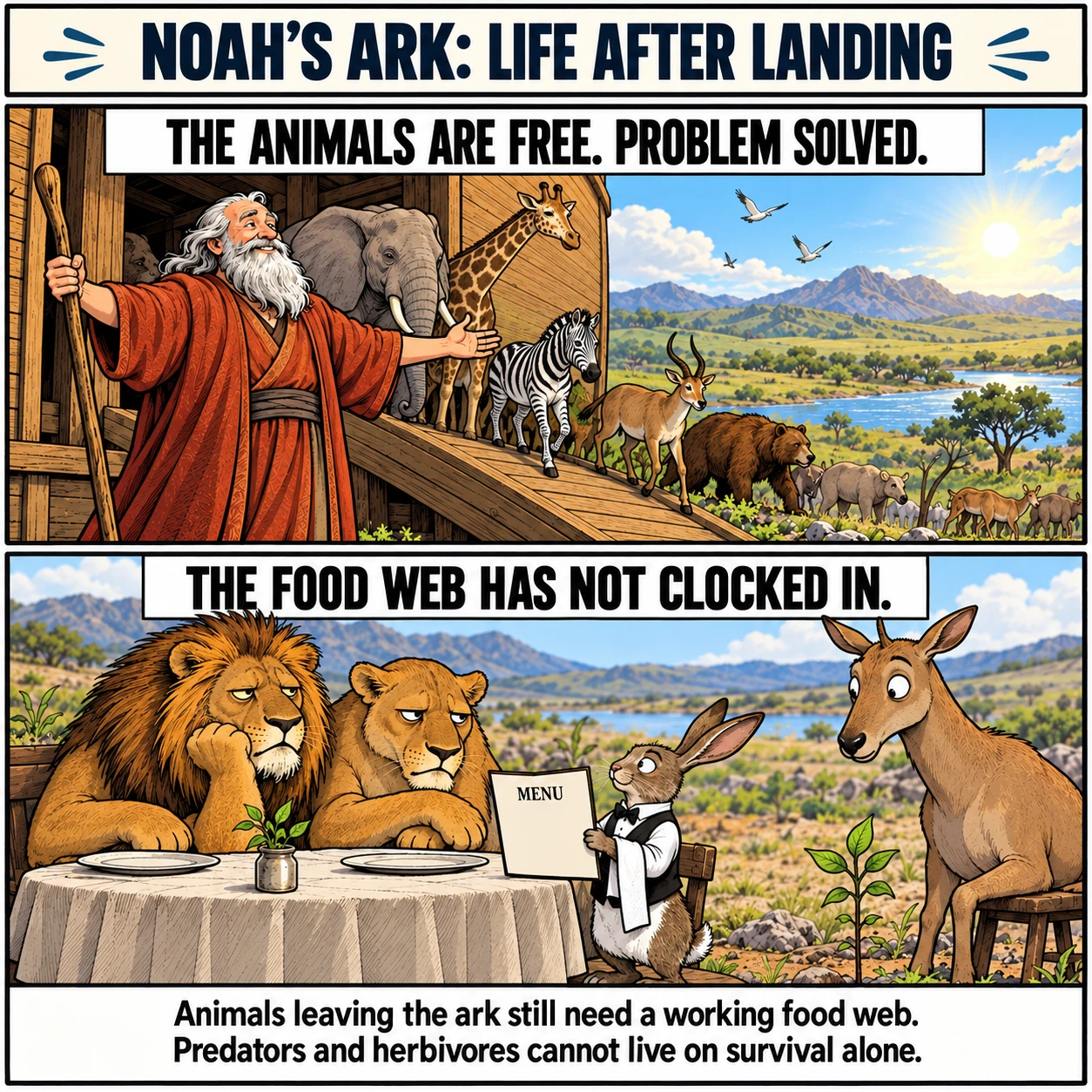 NOAH'S ARK: LIFE AFTER LANDING. THE ANIMALS ARE FREE. PROBLEM SOLVED. THE FOOD WEB HAS NOT CLOCKED IN. Animals leaving the ark still need a working food web. Predators and herbivores cannot live on survival alone.