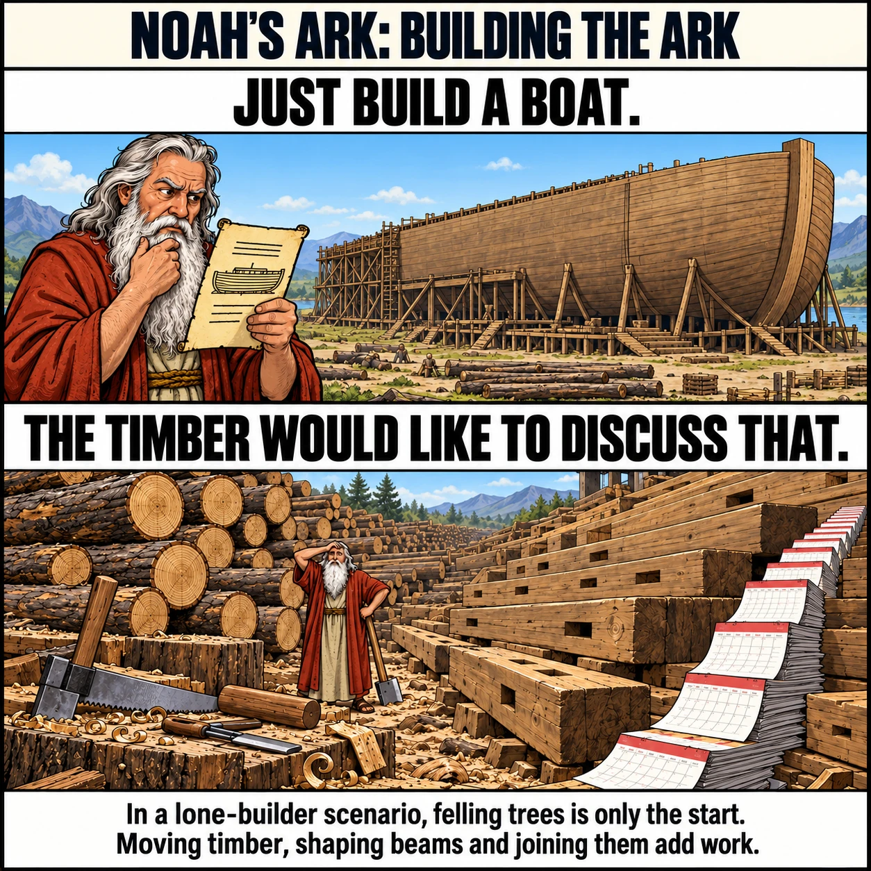 NOAH'S ARK: BUILDING THE ARK. JUST BUILD A BOAT. THE TIMBER WOULD LIKE TO DISCUSS THAT. In a lone-builder scenario, felling trees is only the start. Moving timber, shaping beams and joining them add work.