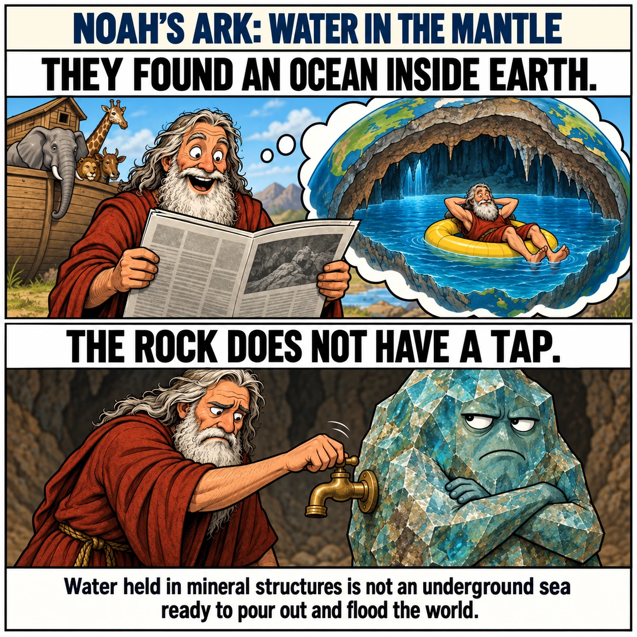 NOAH'S ARK: WATER IN THE MANTLE. THEY FOUND AN OCEAN INSIDE EARTH. THE ROCK DOES NOT HAVE A TAP. Water held in mineral structures is not an underground sea ready to pour out and flood the world.